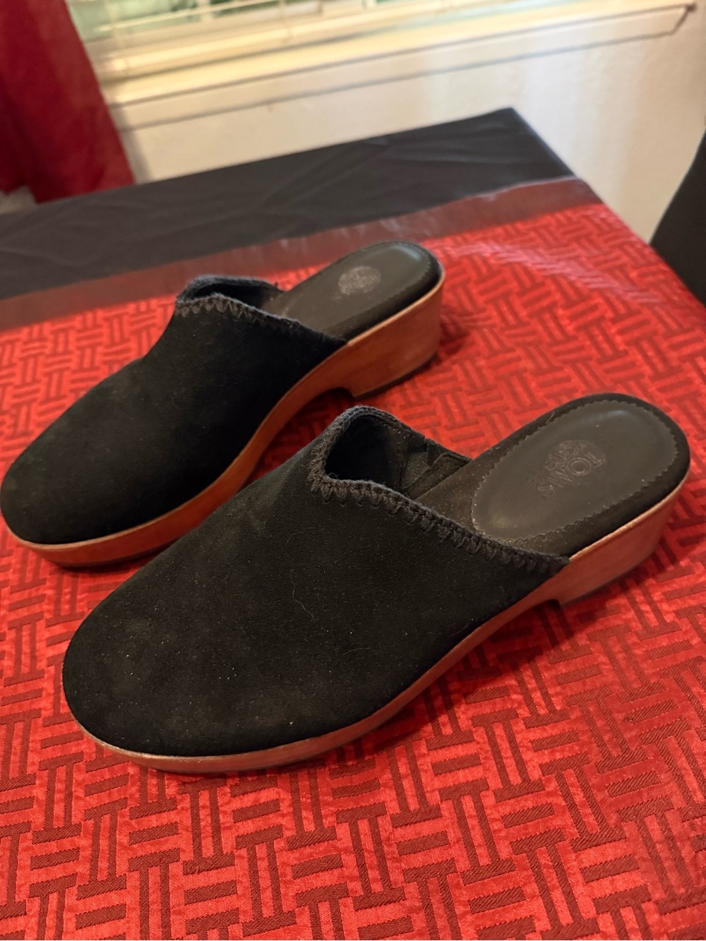 Toms Black Suede Slip-On Mule Clogs with Wood-Effect Heel